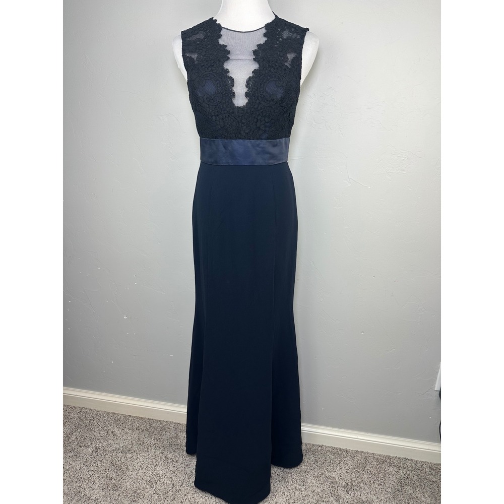 Theia Deep Midnight Illusion Lace Neckline Evening Gown Maxi Dress Size 4